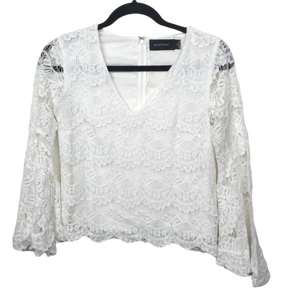 Minkpink White Lace Bell Sleeve V Neck Blouse XS - Picture 1 of 11